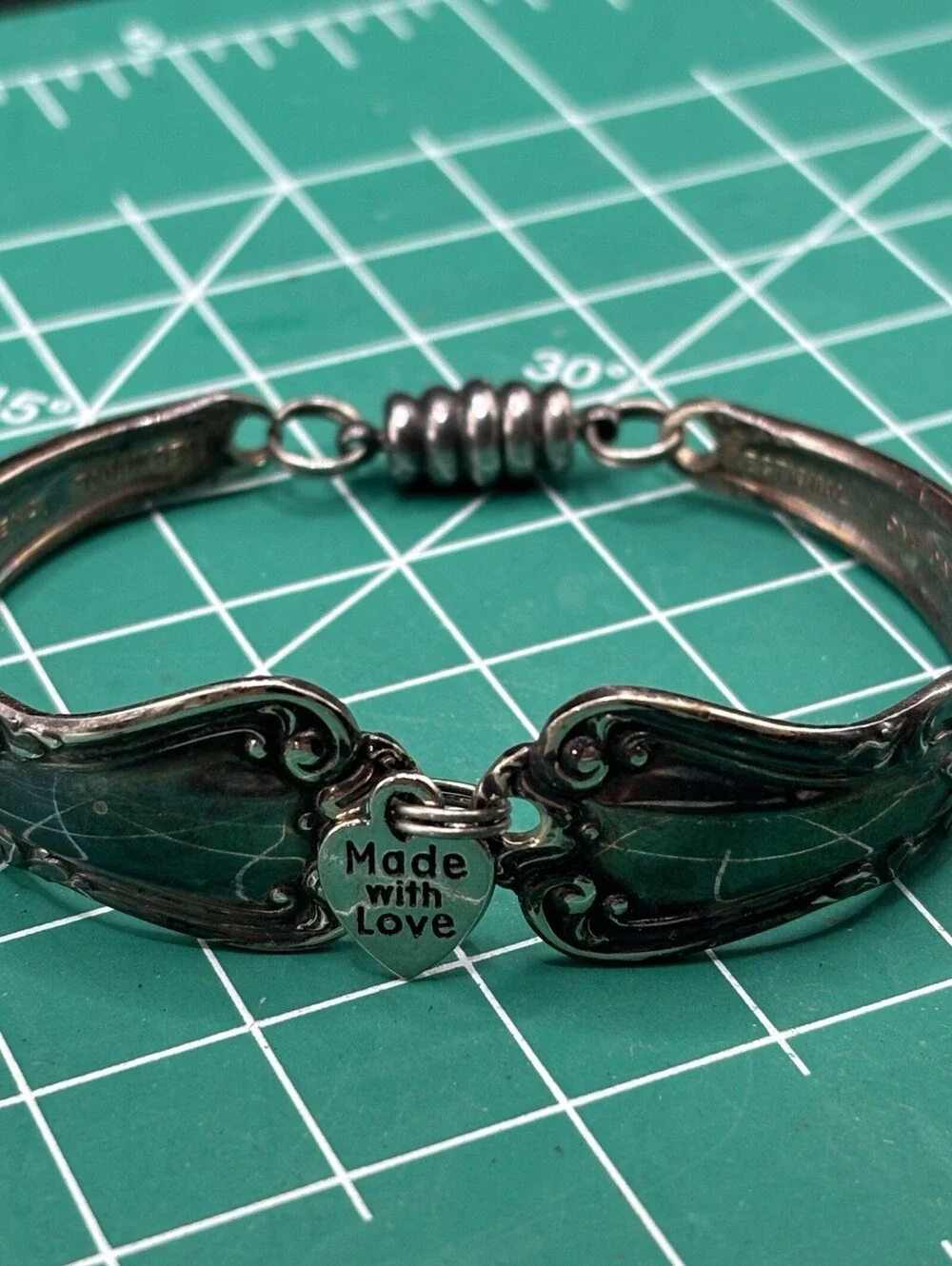 Vintage Silver Tone Silverware Flatware Spoon Bracelet Handmade Patina 7” Floral